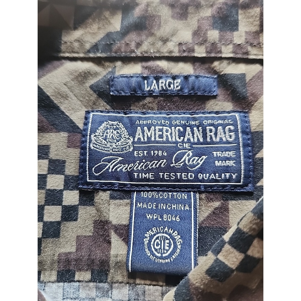 American Rag Shirt‎ Mens Size L Aztec Button Brown Beige Black All Over Print - Picture 2 of 6